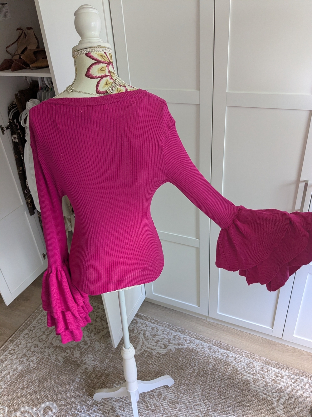 Revamped Fuchsia Ruffled-Sleeve Ribbed Sweater - Picture 2 of 3